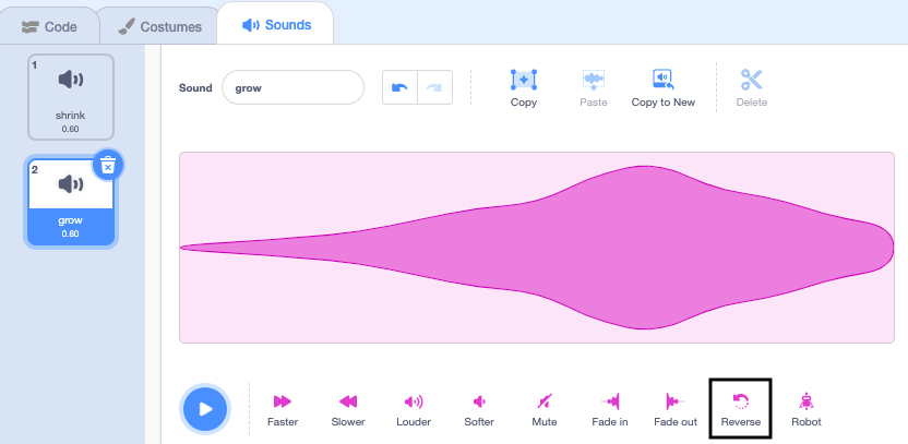 The grow sound with the reverse icon highlighted.