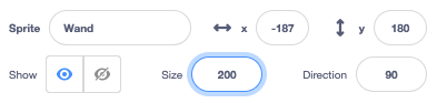 The Sprite pane with the Size property highlighted with value 200.