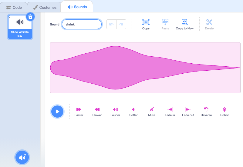 The Sounds tab with added slide whistle sound renamed to shrink in the Sound property.