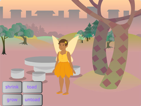 The stage showing the starting scene with fairy sprite and buttons.