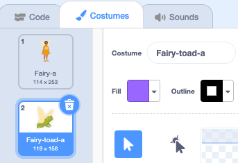 The list of Costumes showing the Fairy sprite has a second costume.
