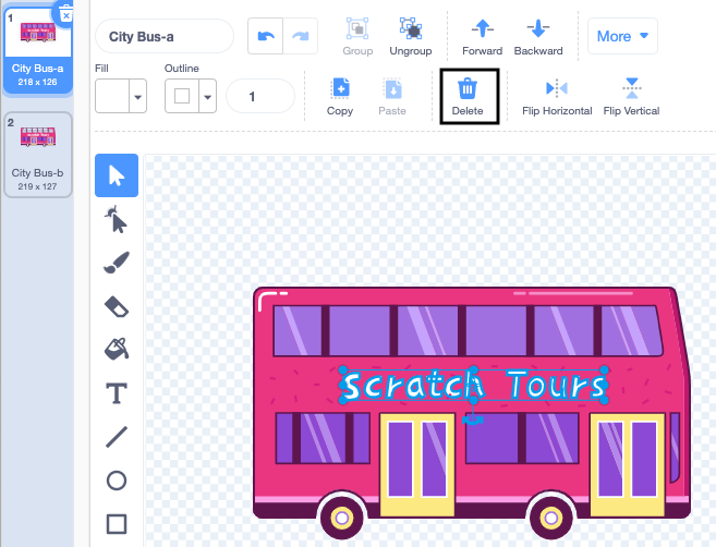 The text on the Bus and the Delete icon highlighted.