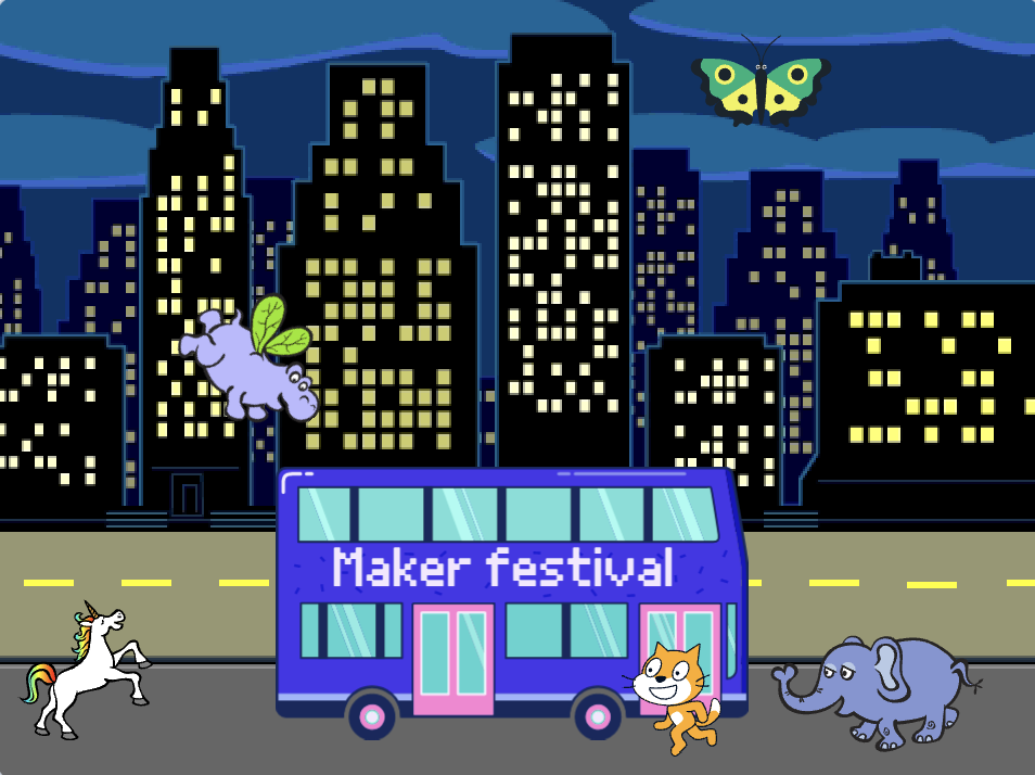 Other sprites moving towards a bus with "Maker Festival" text.