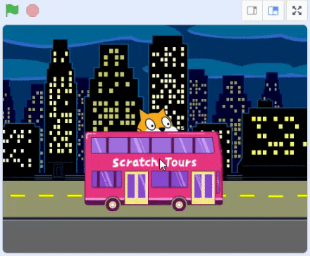 Animation showing the bus being dragged around the screen and jumping back to the centre when the green flag is clicked.