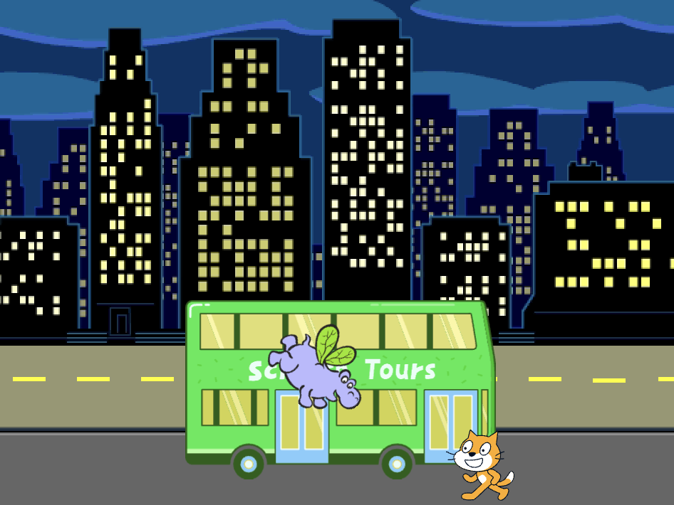 The hippo flying to the bus.