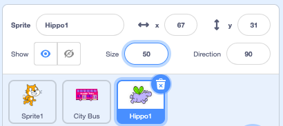 The Sprite pane for the Hippo1 sprite, with the size set to 50.