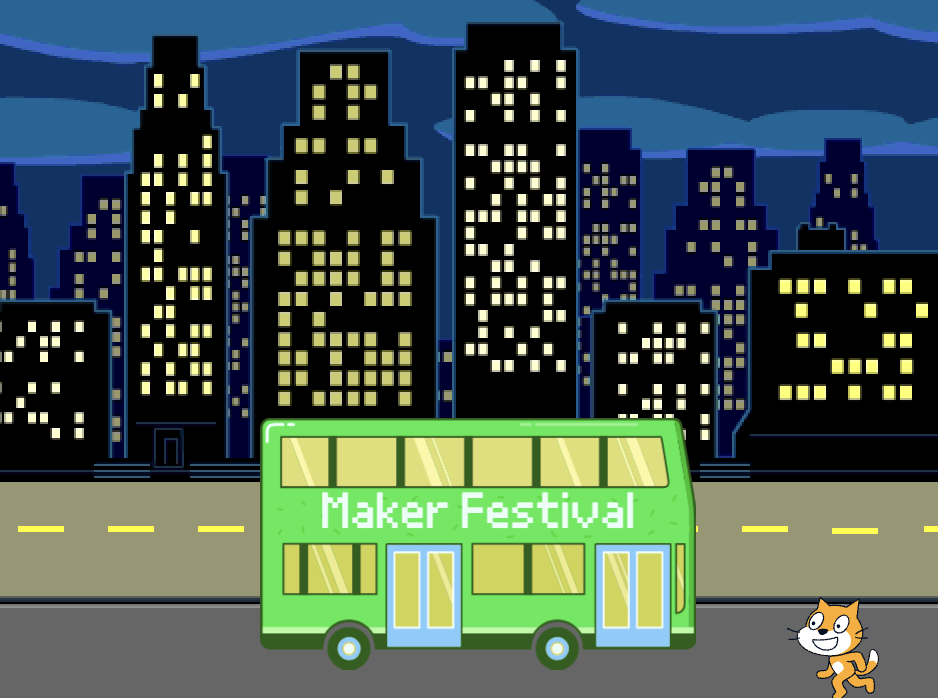 The bus with "Maker Festival" text.