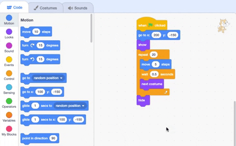 Dragging the 'hide' block from the script in the Code area to the Blocks menu to remove the block from the script.