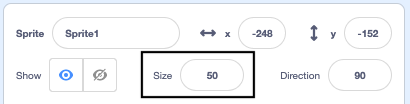 A screenshot highlighting the location of the size property in the Sprite pane.