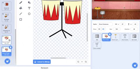 Animated image showing how to drag costumes from one sprite to another.