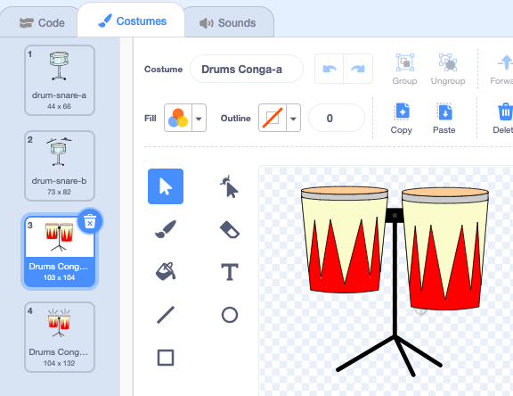 The paint editor of the new sprite with two additional costumes in the costumes list.