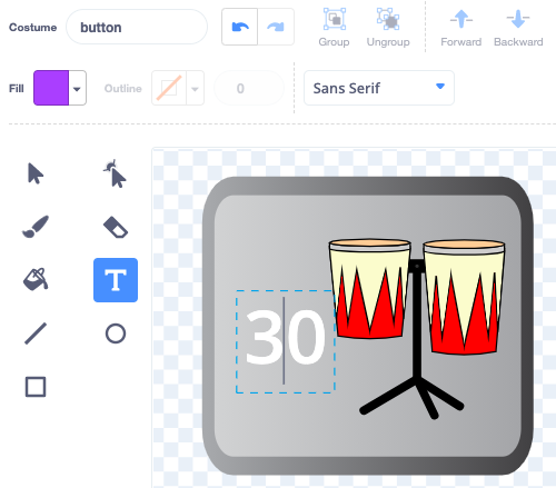 The paint editor showing the new button costume with chosen drum image and text updated to 30.