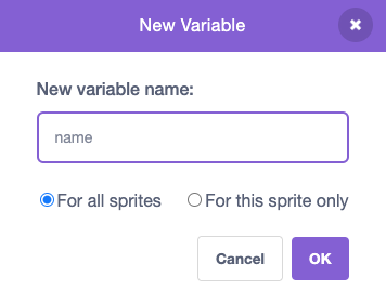 The New Variable pop up window with text input 'name'.