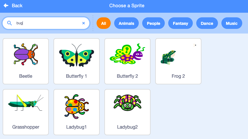 "bug" search results showing seven different bugs.