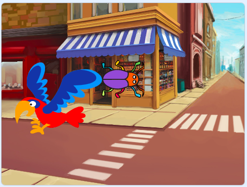 The bug and parrot on an urban backdrop.