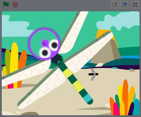 The eyedropper tool with colour select highlighter hovering over the purple mouth of the dragonfly.
