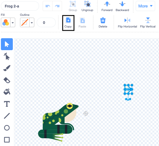 The paint editor with the fly part of the Frog 2-a costume selected and the Copy icon highlighted.