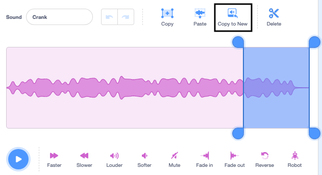 The end of the crank sound selected in blue with the 'Copy to New' icon highlighted.