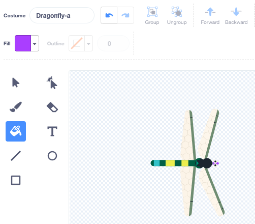 The Paint editor with the Fill tool selected and the dragonfly costume with a purple mouth.