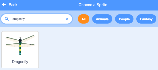 The search box with 'dragonfly' typed in and the Dragonfly sprite in the gallery.