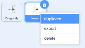 The Sprite list with the insect sprite selected and 'duplicate' highlighted in the menu.