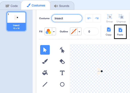 The paint editor showing a pasted new Insect costume with the Paste icon highlighted. The costume list shows the other costumes have been deleted.