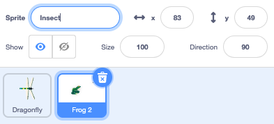 The Sprite list with Frog 2 sprite added. The Sprite name property shows 'Insect'.