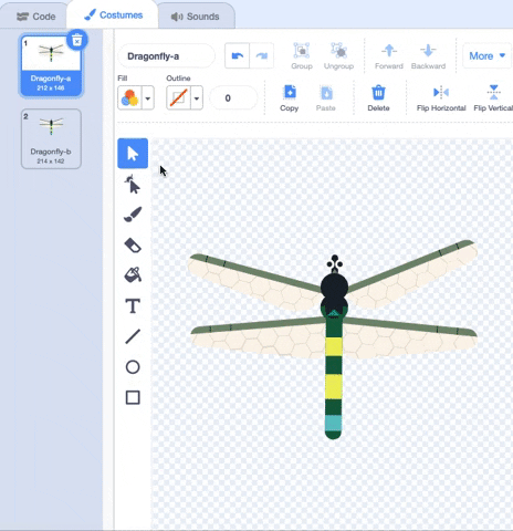 An animated image showing how to rotate the dragonfly costume by dragging the rotation arrows so that the dragonfly faces right.