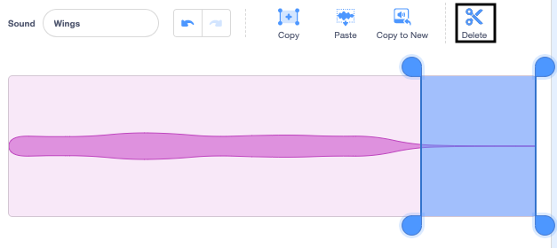 The end of the sound wave selected with the 'Delete' tool highlighted.