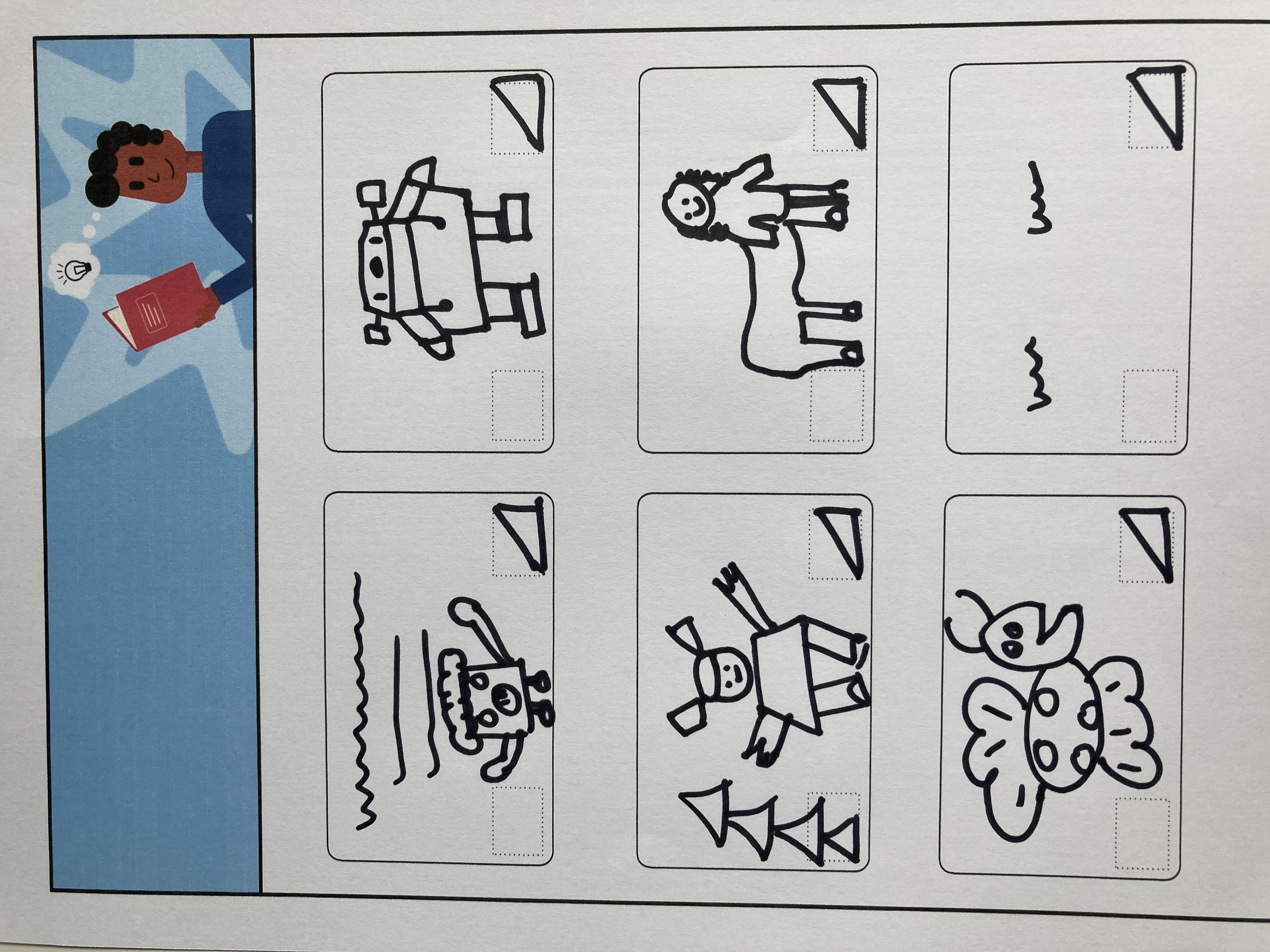 An example of the downloadable planning sheet filled in by a child. Hand draw designs fill the six rectangles on the page.
