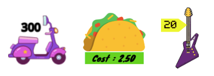 Examples of items with amounts written next to them.