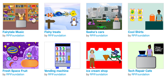 Example shop projects in the 'Intergalactic shopping market' Scratch studio.