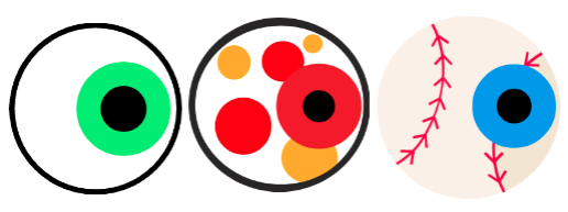 Example eyeballs. One drawn from scratch, another taken from the beachball and the third from a baseball.