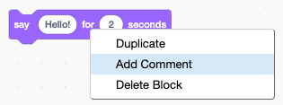 The pop-up menu that appears when you right-click on a block. 'Add Comment' is selected.