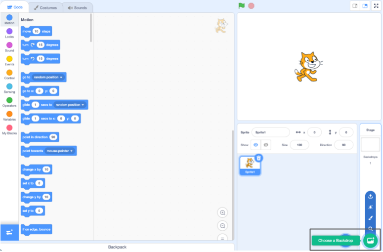 The Scratch editor with 'Choose a Backdrop' highlighted in the bottom right-hand corner.