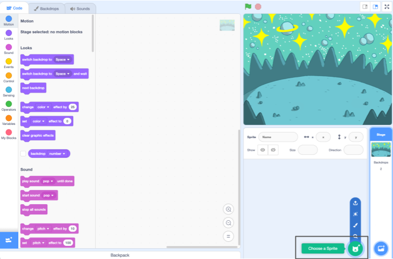 The Scratch editor with 'Choose a Sprite' highlighted.