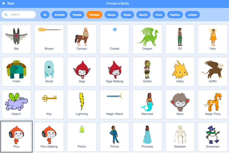 The 'Fantasy' category with the Pico sprite.