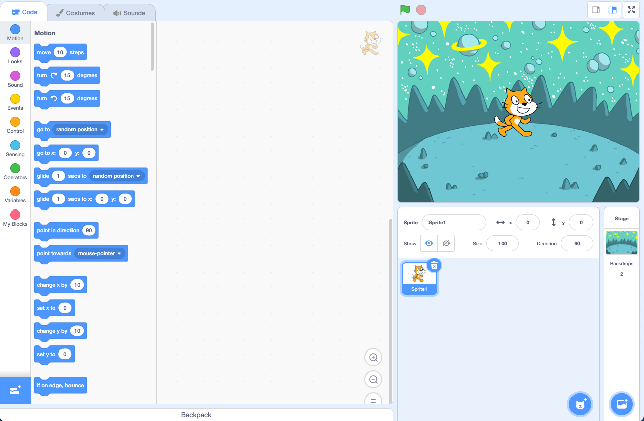The Scratch editor with the Space backdrop added.