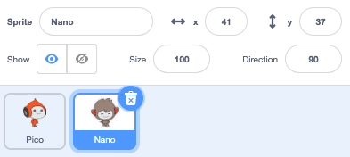 The Sprite list, with a blue border around the Nano sprite to show that Nano is selected.