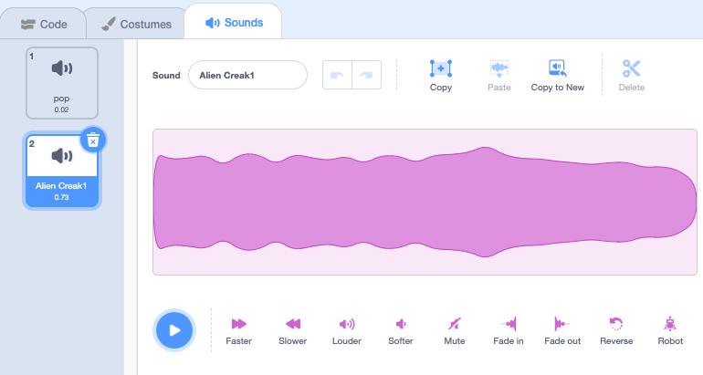 An example sound (the Alien Creak1 sound) shown below the pop sound in the Sounds tab.