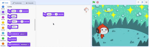 An animation of the blocks snapping together. When Pico is clicked on, they say "Hello!" for two seconds.