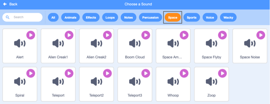 The 'Space' category in the Sound Library.