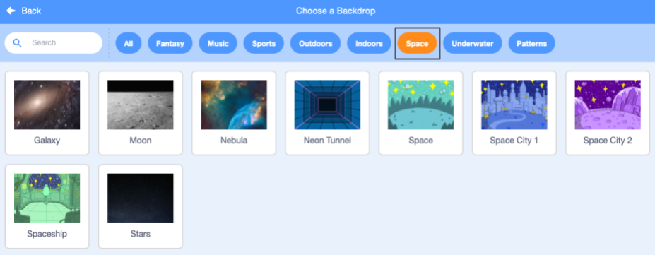 The Backdrop Library with the 'Space' category selected.