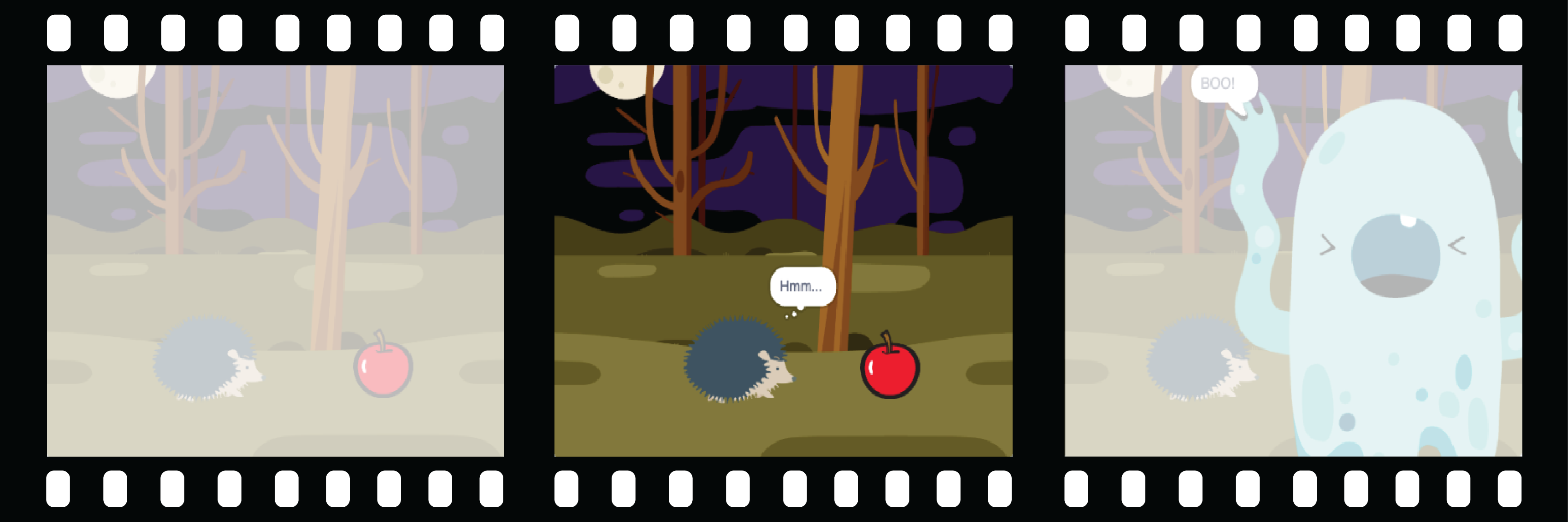 A film strip with 3 frames. The second frame is highlighted. The frame shows a scene with character thinking 'hmmmm' while looking at a curious object.