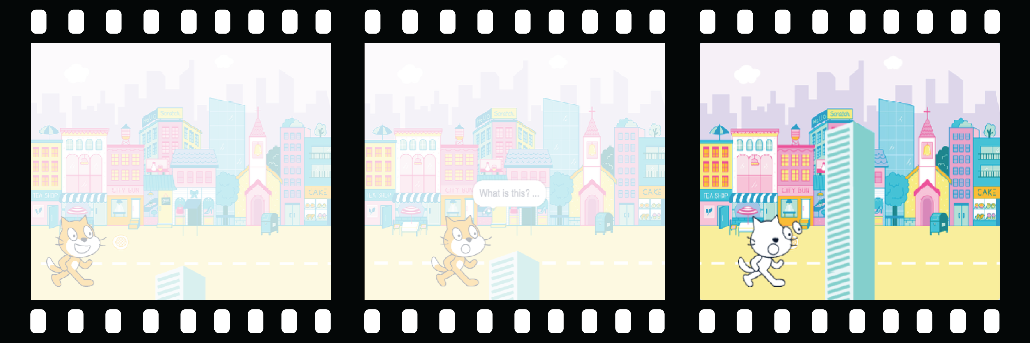 A film strip with 3 frames. The third frame is highlighted. The frame shows a scene with character looking surprised at an object.