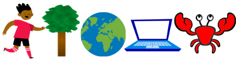 Some examples of sprites that could be used; a crab, a tree, the world, a laptop.
